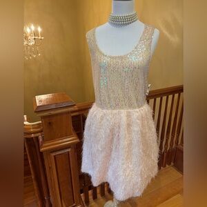 Baby Pink Sparkly Fairycore Sequin & Feather Dress NWT Jr. Sz L